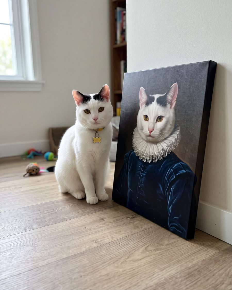 The real cat beside its own canvas portrait